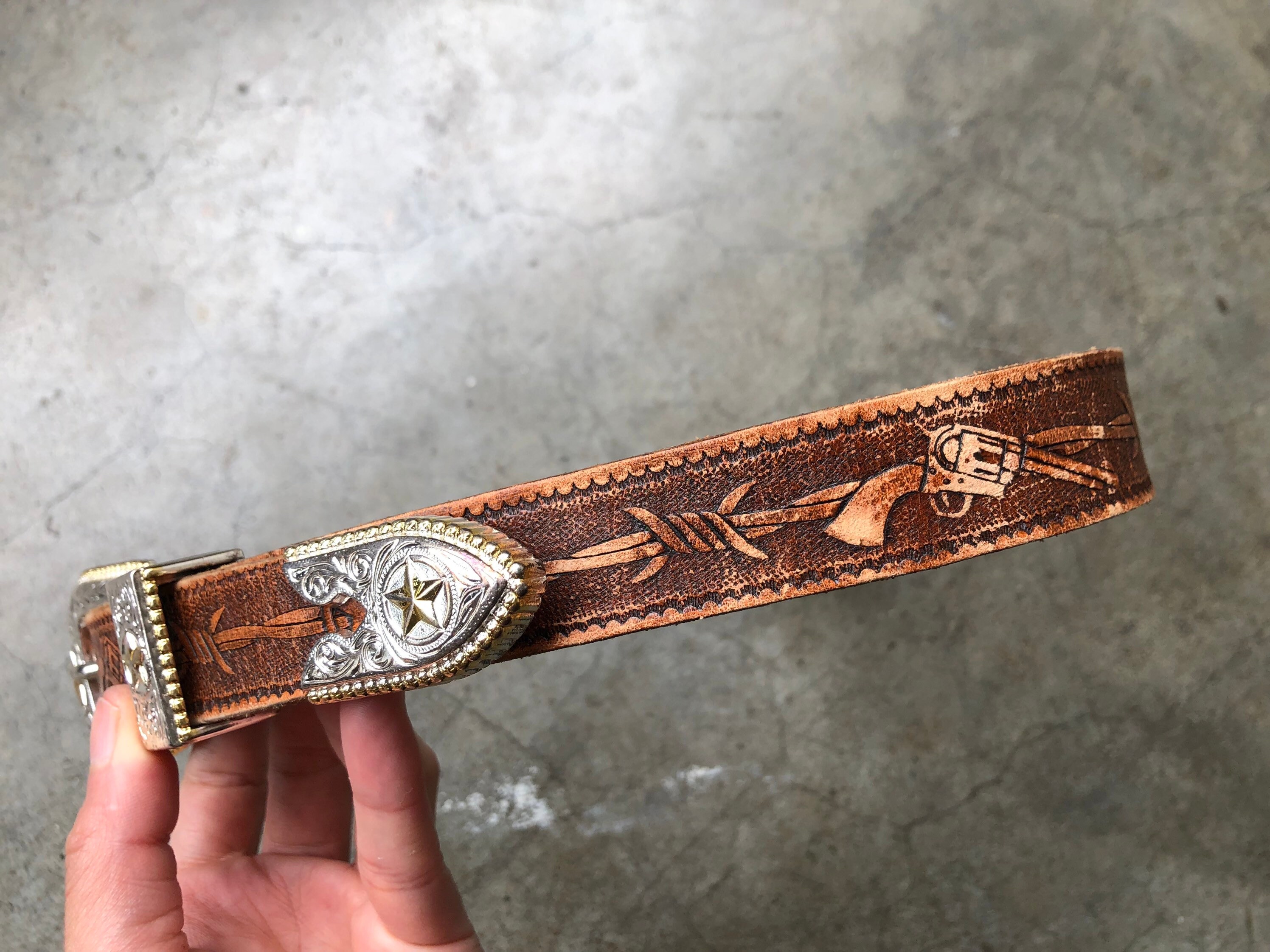 Hand Tooled Brown Leather Belt Brass Buckle Boho Western Country 30.25\