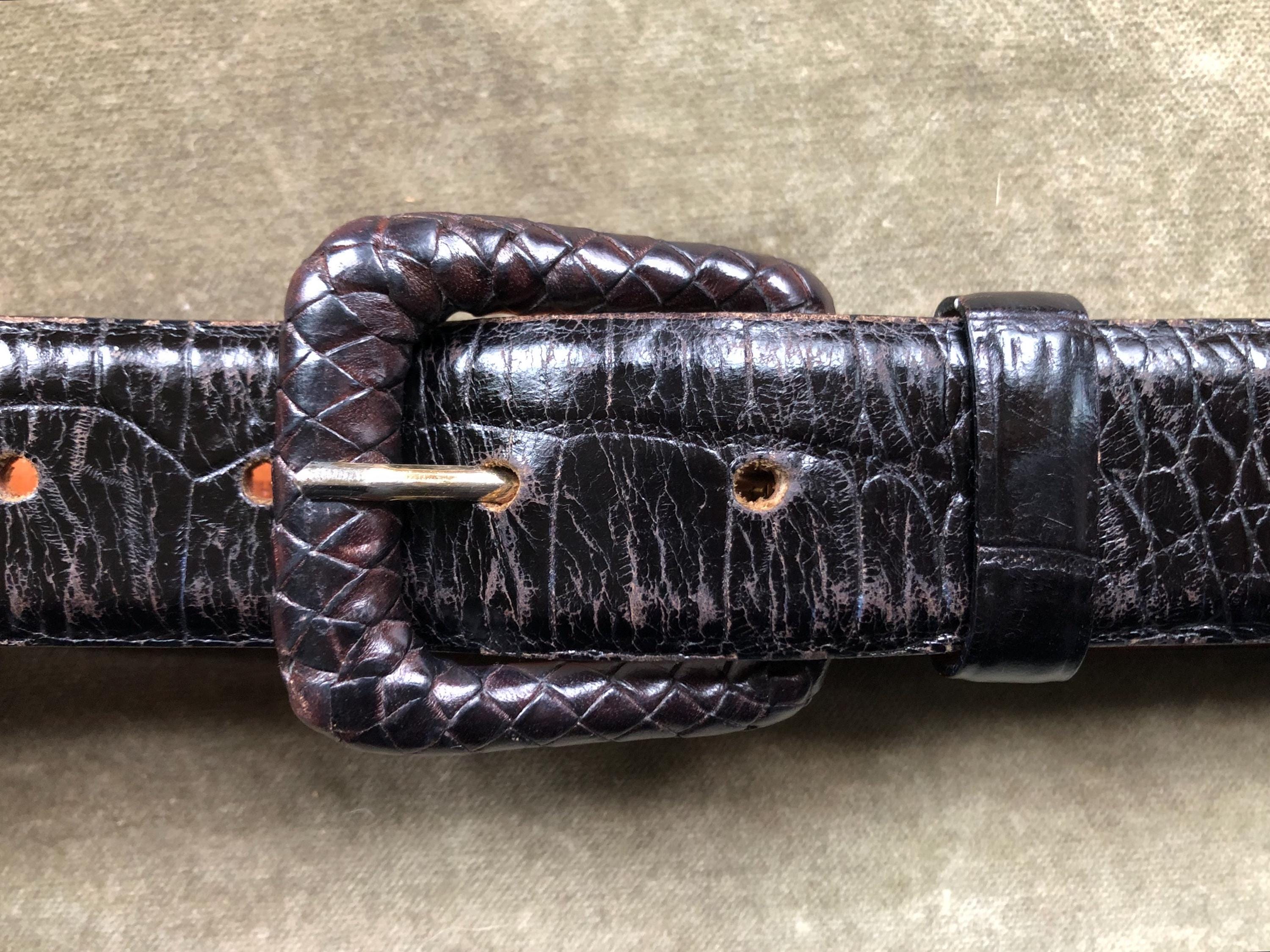Black Leather Croc Embossed Wide Western Belt Woven Wrapped Buckle