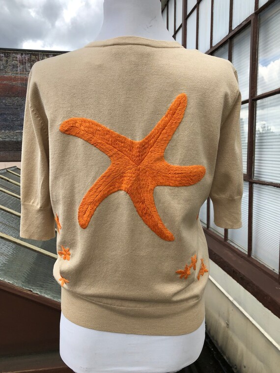 90s Starfish Silk Cotton Knit Beige Orange Embroi… - image 5