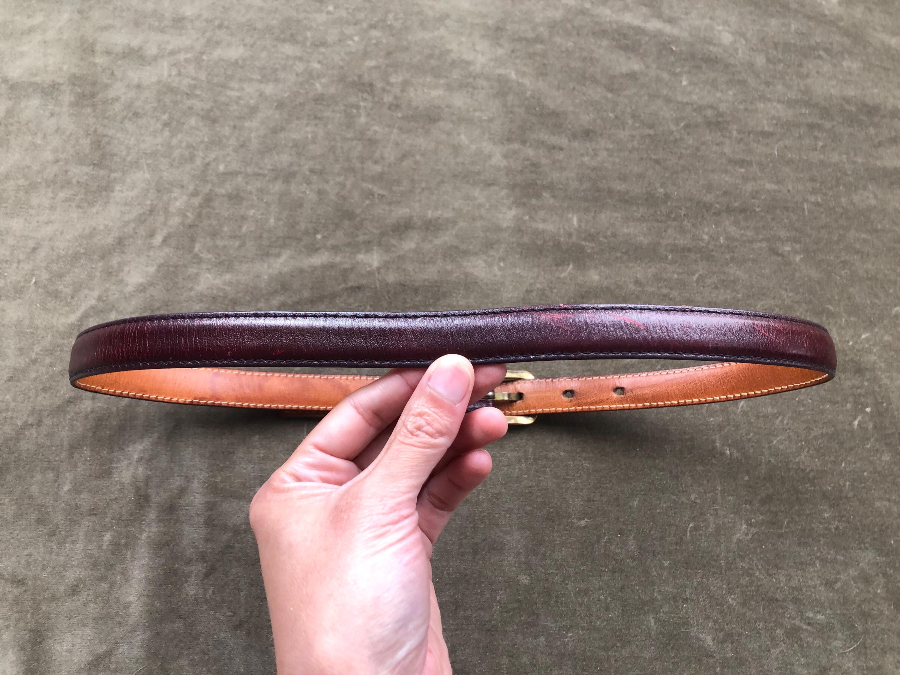 70s 80s Super Skinny Leather Belt Solid Brass Retro Buckle 