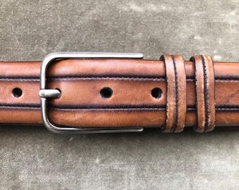 Spain Wide Soft Tan Brown Leather Mens Dress Belt Silver  display picture 1