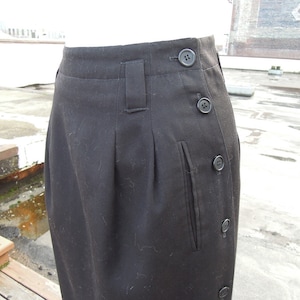 Vintage wool gabardine Woven black Pleated trouser pencil Skirt Button up down Down side Size S XS 80&#39;s 90&#39;s 1940s 40&#39;s Style Retro Sailor