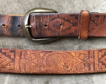 Levis Distressed Brown Thick Leather Tooled Embossed Indian Head Western Southwestern Belt Vintage 40 41 42 XL Waist Unisex Rustic 1990s 90s