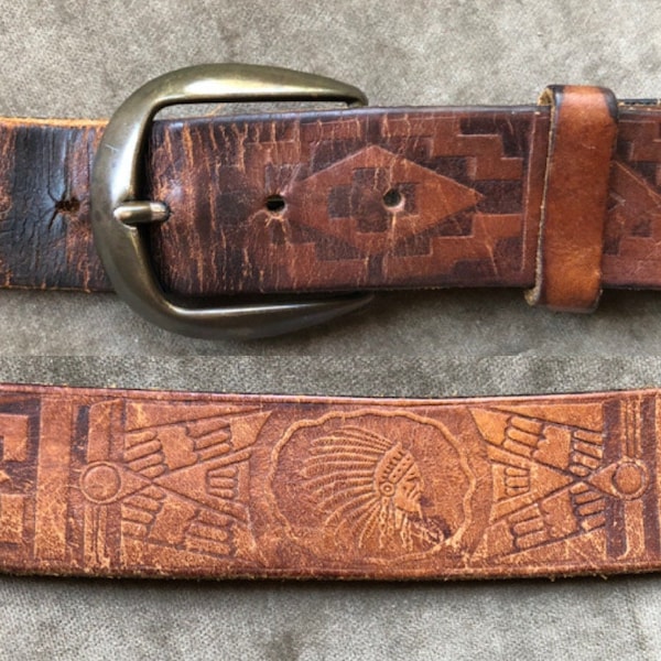 Levis Distressed Brown Thick Leather Tooled Embossed Indian Head Western Southwestern Belt Vintage 40 41 42 XL Waist Unisex Rustic 1990s 90s