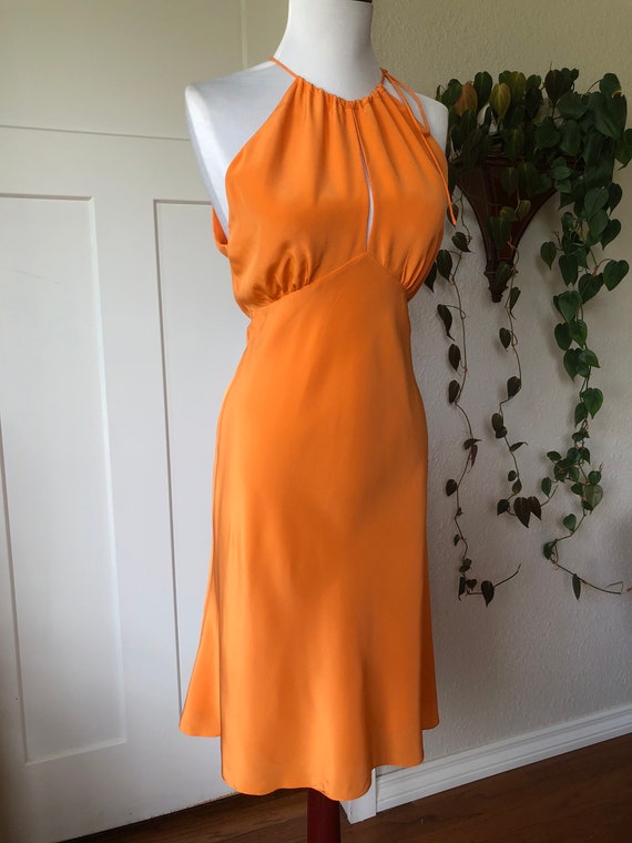 y2k Silk Bright Orange Bias Cut Drapey Strappy Ke… - image 4