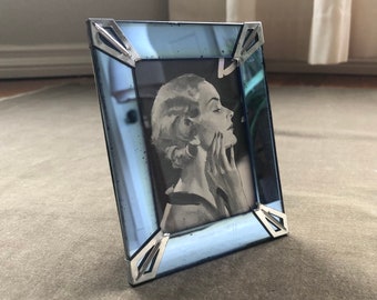 1940s Cobalt Light Blue Mirrored Glass Small Retro Picture Photo Frame 40s Vintage Mirror Art Deco Table Top Petite Rustic Chrome Corner 3x4