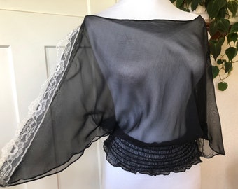 Black Sheer Silk Chiffon Boho Peasant Blouse Vintage 1990s Puff Smocked Puffed Poet Top 90s Vintage Kimono Sleeve Floral Lace Lacy Bebe S M