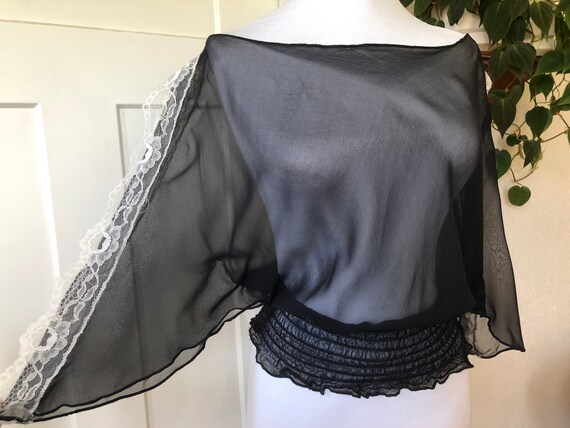 Black Sheer Silk Chiffon Boho Peasant Blouse Vint… - image 1