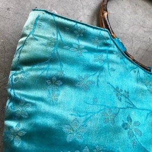 Distressed 90s Teal Turquoise Blue Faded Silk Satin Chinese Floral Print Bamboo O Ring Handle Boho Purse Bag Handbag Vintage Retro 1990s image 5