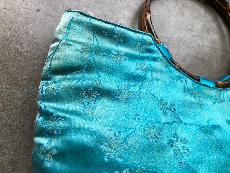 Distressed 90s Teal Turquoise Blue Faded Silk Satin Chinese Floral Print Bamboo O Ring Handle Boho Purse Bag Handbag Vintage Retro 1990s image 5