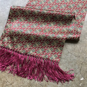 Silk Satin Burgundy Gold Green Geometric Print Fringed Long Neck Scarf Unisex Mens Evening Shawl 1990s 90s Vintage Art Deco Floral Dark Red