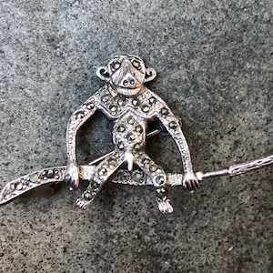 Monkey Sitting on Tree Branch Sterling Silver 925 Marcasite Encrusted Brooch Pin Vintage 1990s Costume Jewelry 90s Novelty Gorilla