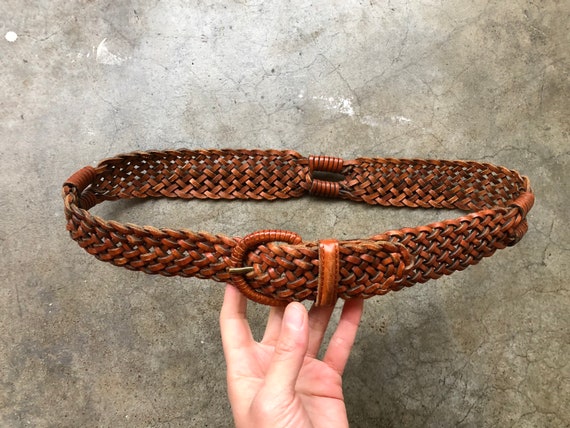 Vintage LANDS END Wide Belt Woven Braided Brown Tan Sz L Boho 90s Lands End Brown Leather Woven Wide Belt 1990s Vintage  main image 2