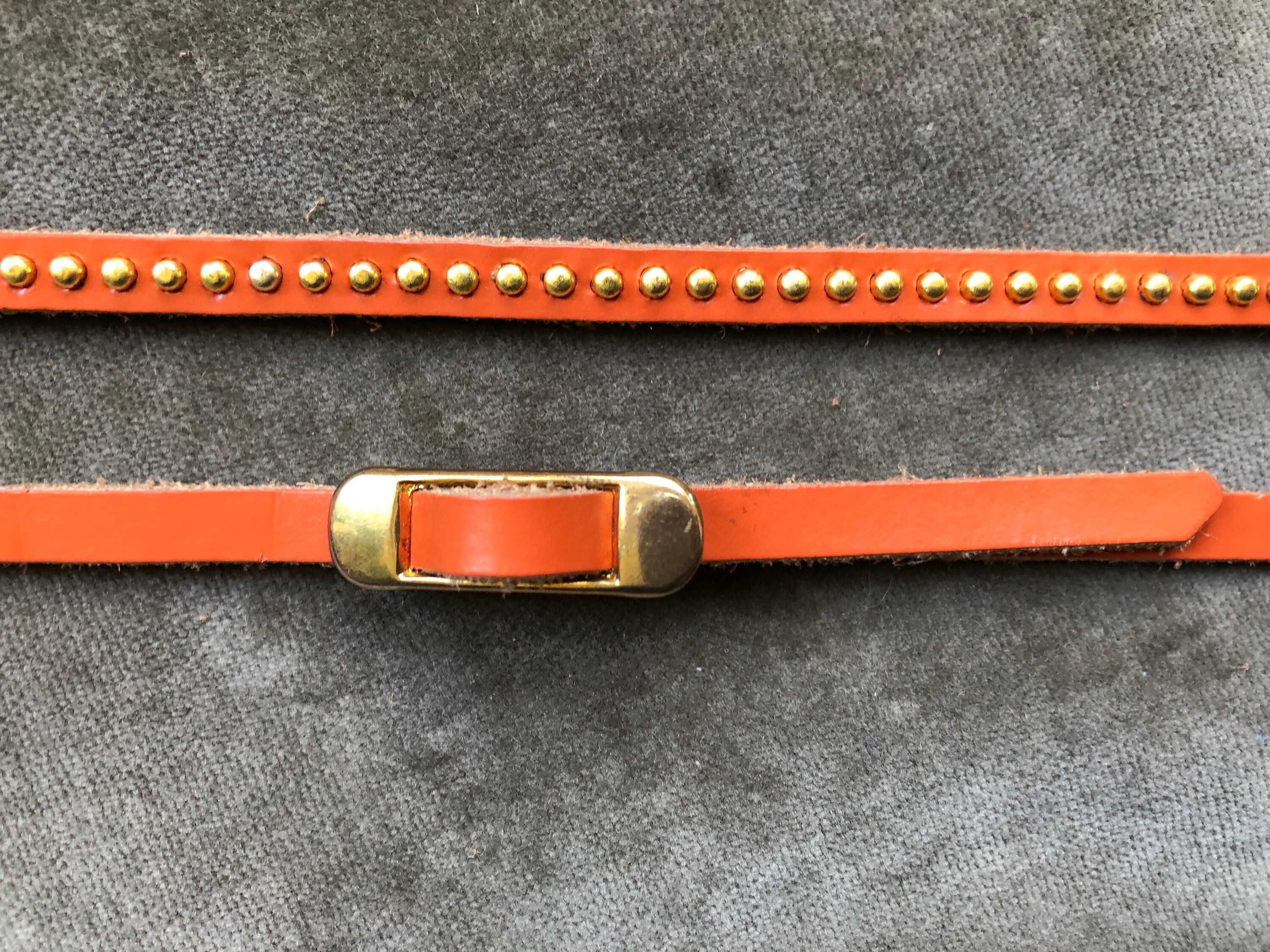 Vintage Designer Skinny Orange Leather Belt Gold Trim Size S 80s Skinny Orange Belt, Vintage Faux Patent Leather Skinny  main image 3