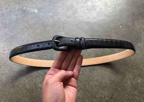 Slim Soft Thick Black Leather Belt Embossed Toole… - image 5