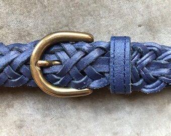 80s Argentina Dark Navy Blue Leather Woven Belt Thick Adjustable Unisex Vintage 1980s Braided Belt Solid Brass Buckle S M 26 27 28 30 Waist