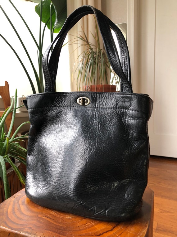 1960s Black Thick Leather Retro Mod Bucket Bag Pu… - image 9