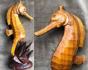 19” Hand Carved Wooden Seahorse Wood Sculpture Cartoony Ocean Deep Sea Creature Arts Crafts Toy Statue Vintage 1990s 90s Home Decor Handmade