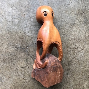 Handmade Carved Wooden Cute Octopus Wood Sculpture Cartoony Ocean Deep Sea Creature Arts Crafts Toy Statue Vintage 1990s 90s Home Decor