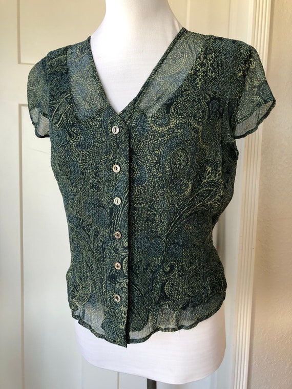 Silk Crinkle Sheer Chiffon Dark Green Paisley Flo… - image 6