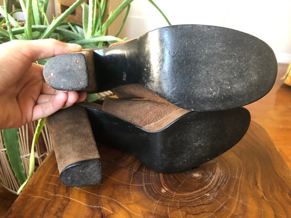 70s Brown Suede Leather Peeptoe Platform Sandals … - image 10