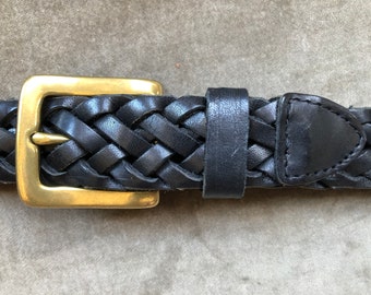 90s Black Leather Woven Braided Belt Adjustable vintage Size M L XL 40 41 42 43 44 western southwestern 1990s Belt Unisex Solid Brass Buckle