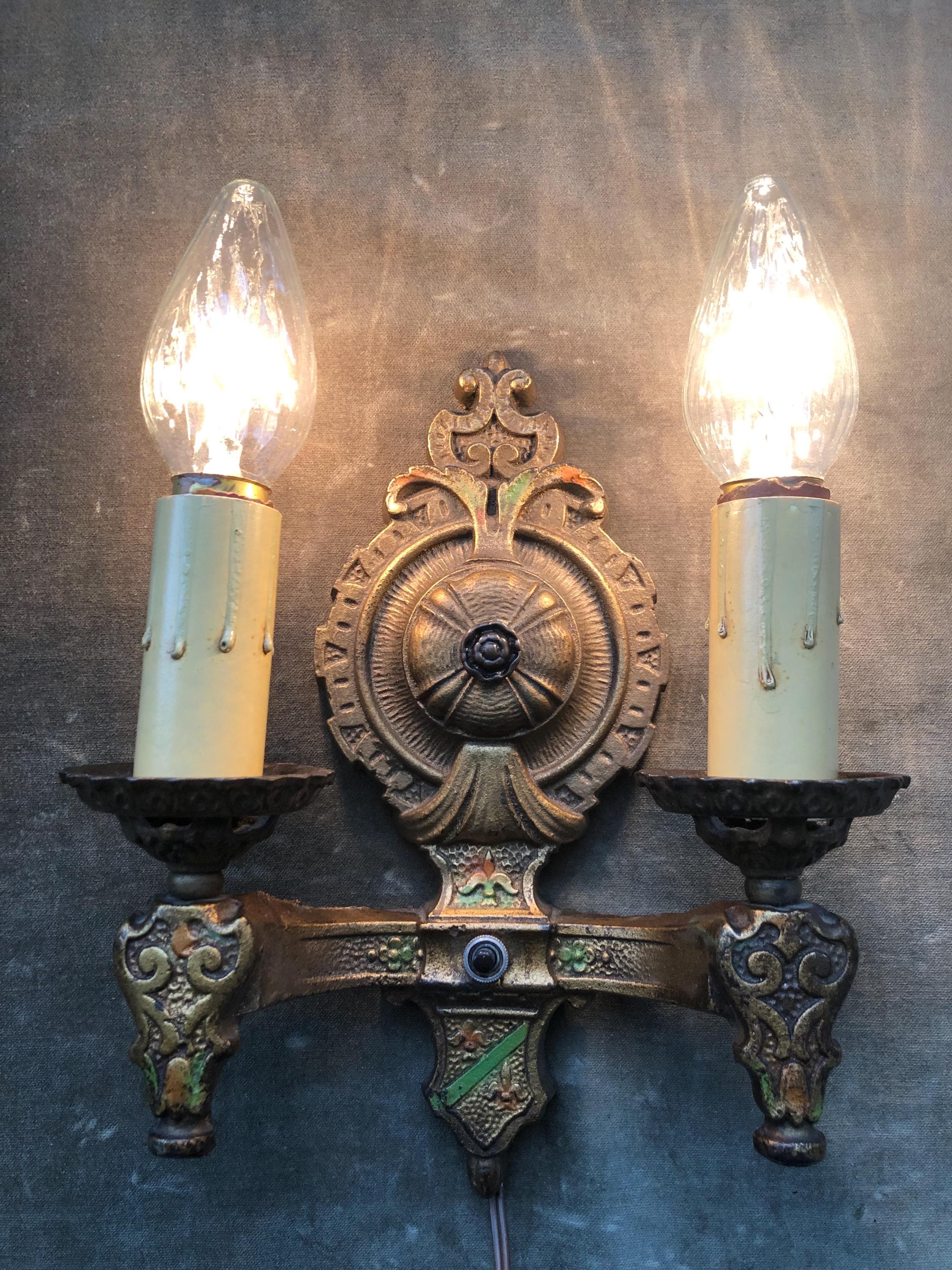 1920s Antique Art Deco Cast Iron Gold Floral Double Arm Electric