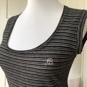 Auth BALENCIAGA Paris Logo B Embroidered Sleeveless Striped Thin Knit Tank Top Tee T Shirt Scoop Neck Black White 1990s 90s Vintage y2k 36 S