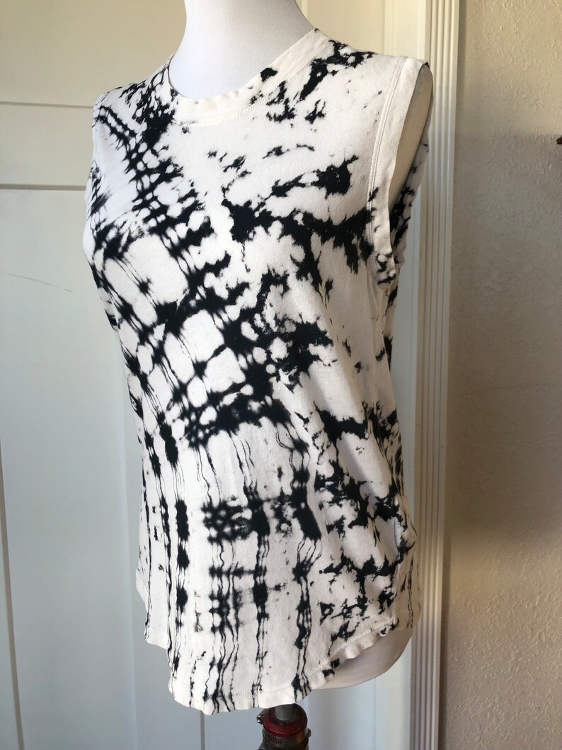 Raquel Allegra Designer Sleeveless Cotton Thin Knit Tee T Shirt Tank Distressed Tiedye Ink Splatter XS S California Boho White Black Grunge image 6