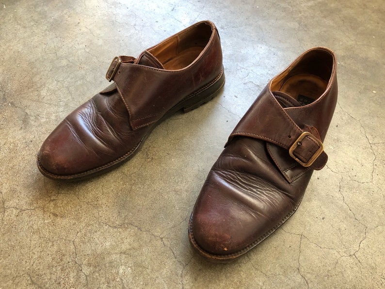 Vintage 90s Mens Barneys New York Brown Leather Monstrap Shoes Oxfords Distressed Worn 1990s Buckle Strap US Size 8.5 Round Toe Loafers
