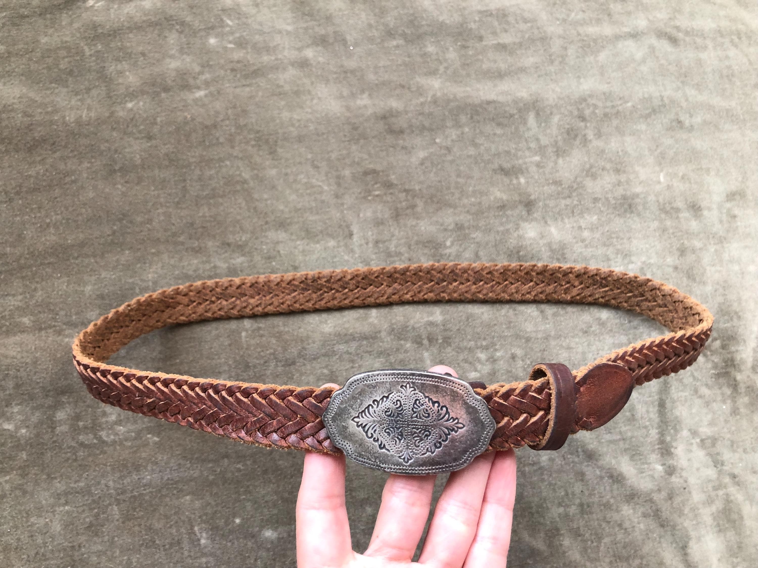 90s Skinny Brown Braided Woven Leather Belt Petite Silver  display picture 2
