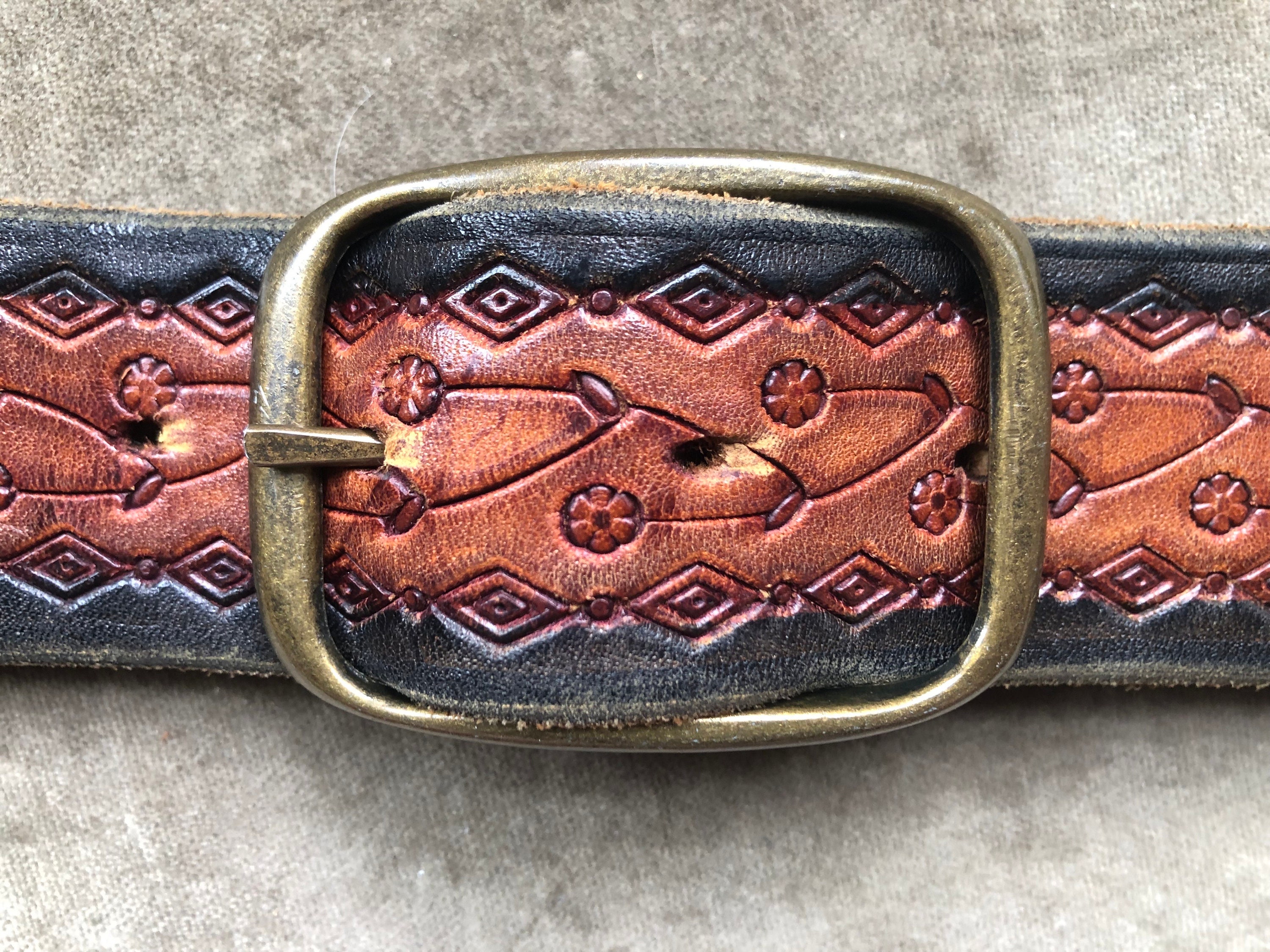70s Floral Tooled Brown Black Stripe Thick Leather Belt Western s M L XL 32 33 34 Waist Vintage 1970s Boho Rustic Retro Brass Oval Buckle