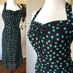 Sheer Silk Chiffon Polkadot Tank Dress Gown Halter Neck Tie y2k Vintage Turquoise Blue Black XS 2 Retro Marc Jacobs Pin Up Polka Dot Dotted