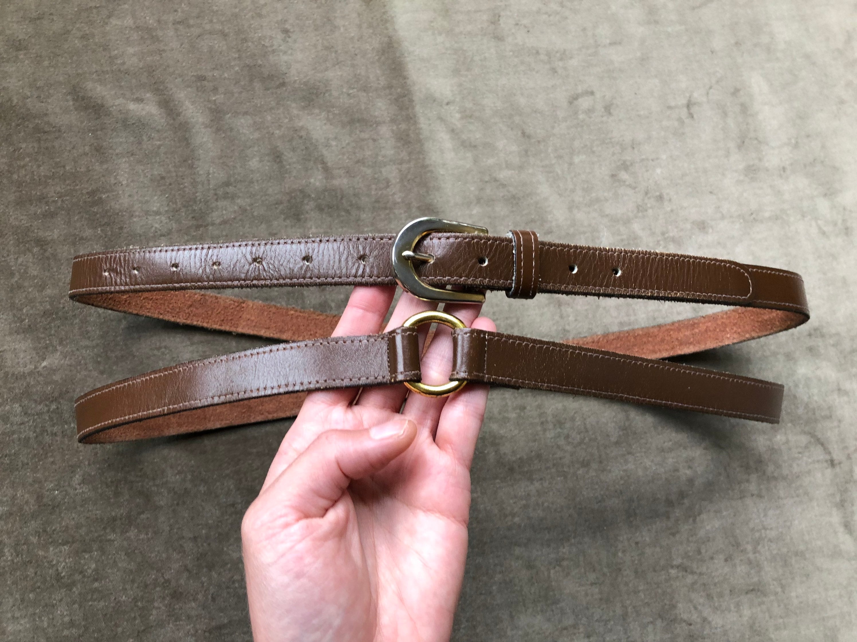 1960s 70s Skinny Double Wrap Belt Gold Buckle O Ring Dark 