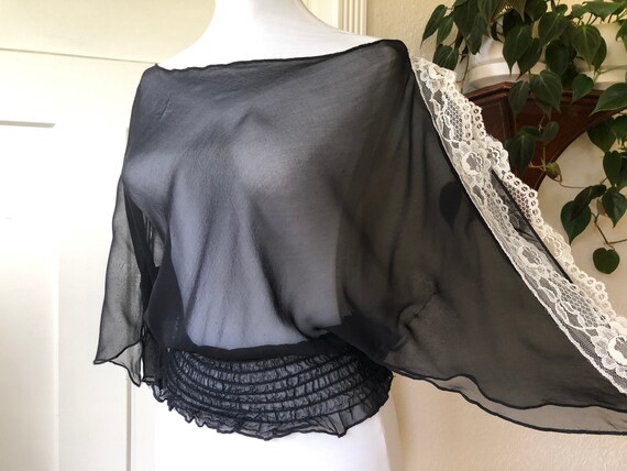 Black Sheer Silk Chiffon Boho Peasant Blouse Vint… - image 7