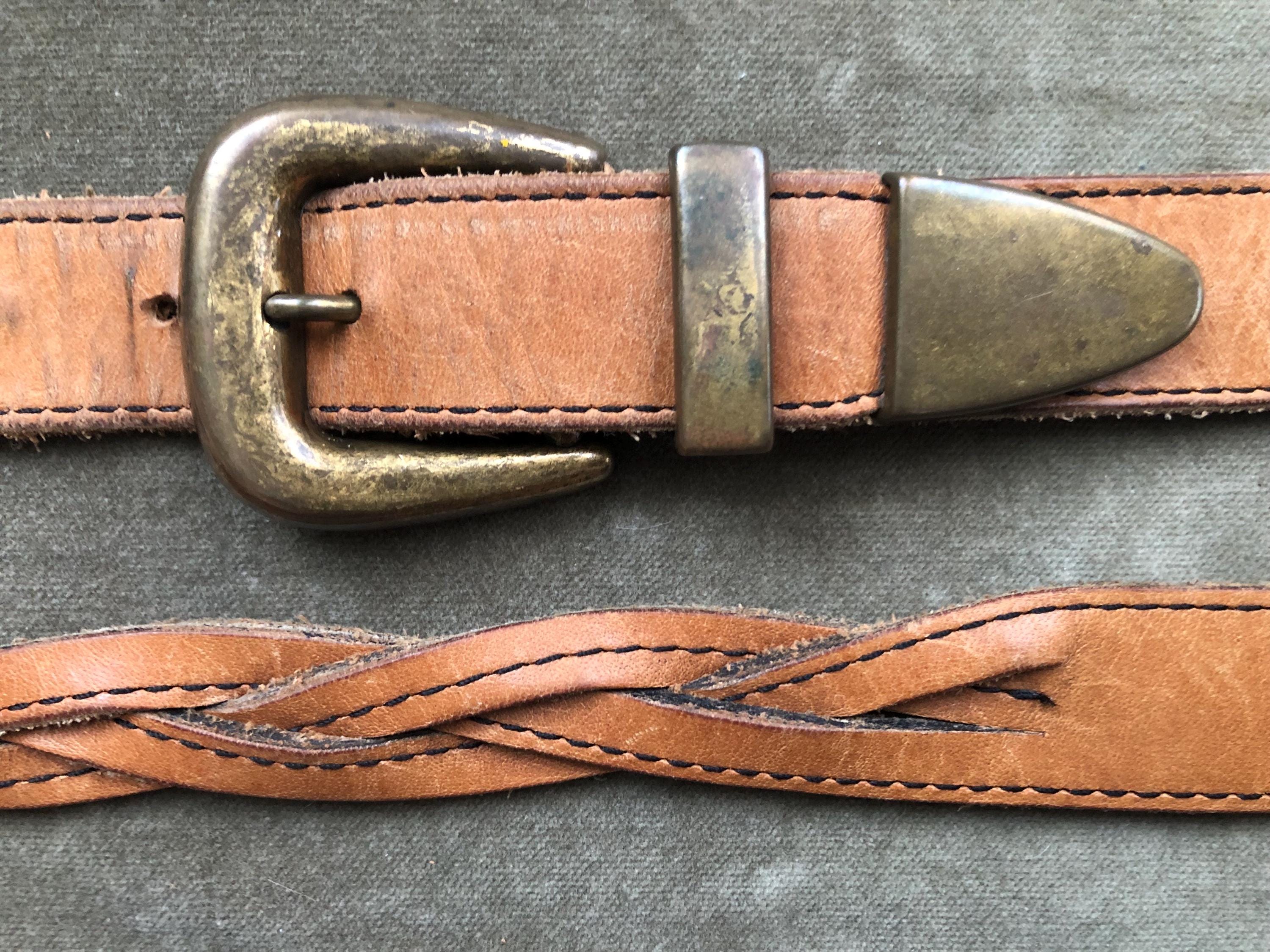 80s 90s Tan Leather Skinny Western Belt Vintage Aged Brass Buckle