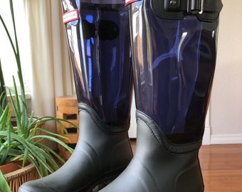 Bottes de pluie hautes Hunter, noir, indigo, bleu foncé, vinyle transparent PVC, caoutchouc, hautes transparentes, taille UK5 US 6 7 pour femmes