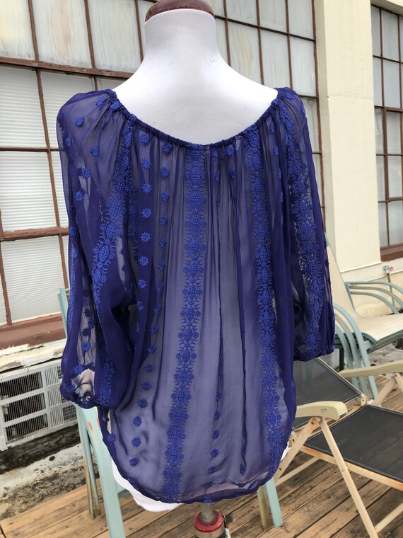 Blue Sheer Silk Chiffon Floral Embroidered Boho Peasa… Gem