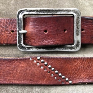 Distressed Heavy Duty Brown Leather Steel Studded Belt 1990s 90s Size XL L Western Grunge Chunky Buckle 36 38 40 42 Waist Vintage Rustic