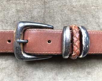 Brighton Thick Leather Slim Brown Rustic Western Southwestern Boho Belt Silver Buckle Ring Woven Loop 80s 90s Vintage M L XL 30 32 34 Waist