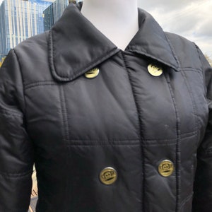 Vintage 90s Monkey Face Snap Button PAUL FRANK Black Puffer Jacket Quilted Puffy Coat Overcoat sz XS S 1990s Girls Womens Peacoat Pea Winter
