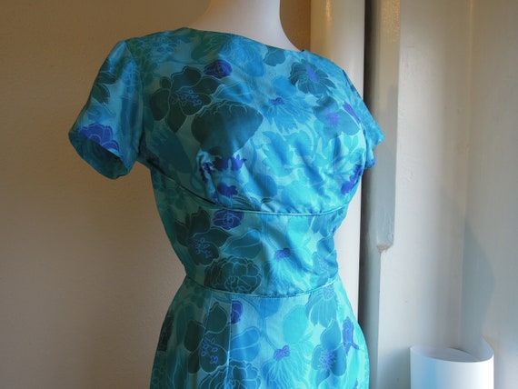 Vintage 50s 60s Silk turquoise vivid blue floral … - image 1