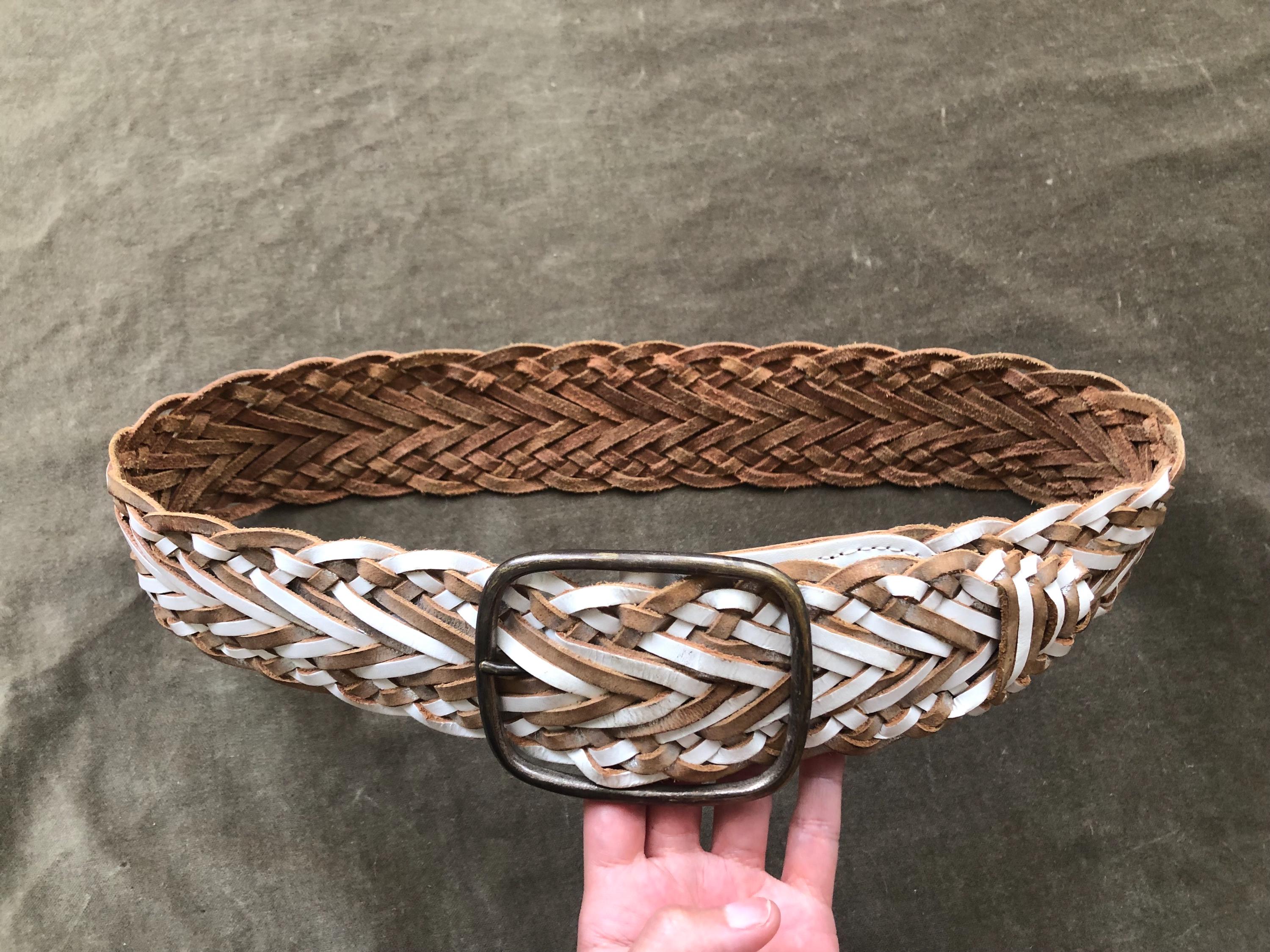 Y2k 90s Wide Woven Leather Belt Boho 1970s White Tan Silver 