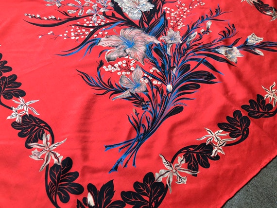 Thai Silk Red Blue Cream Floral Painted Paisley B… - image 6