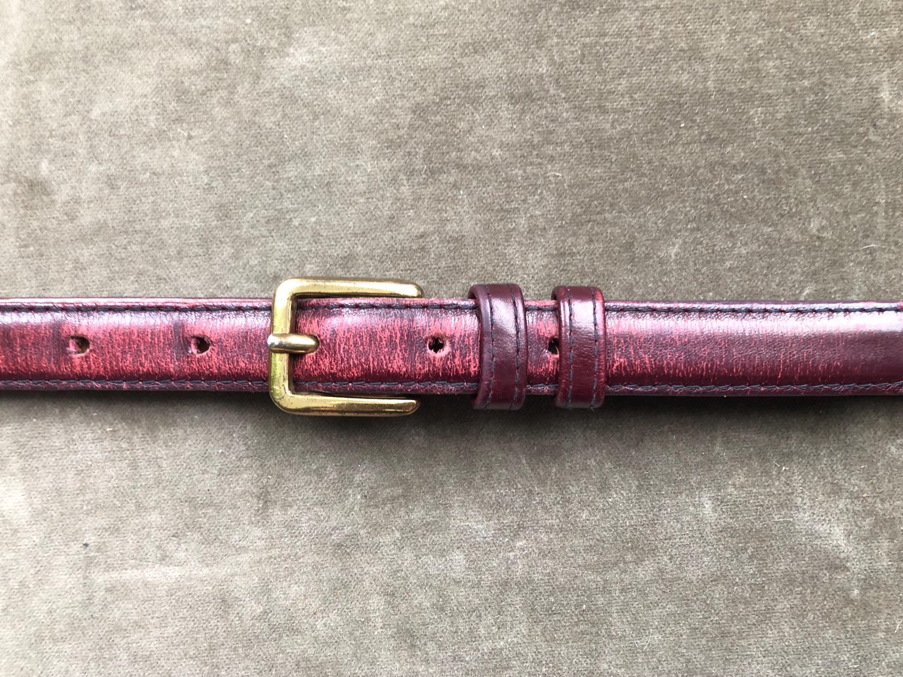 70s 80s Super Skinny Leather Belt Solid Brass Retro Buckle  display picture 3