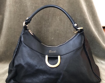 Auténtico bolso GUCCI de piel negra, estilo hobo, estilo Abbey, con anilla en D, estilo hobo, holgado, con cremallera en la parte superior, estilo vintage de los años 90, con herrajes dorados y logotipo, estilo Y2K.