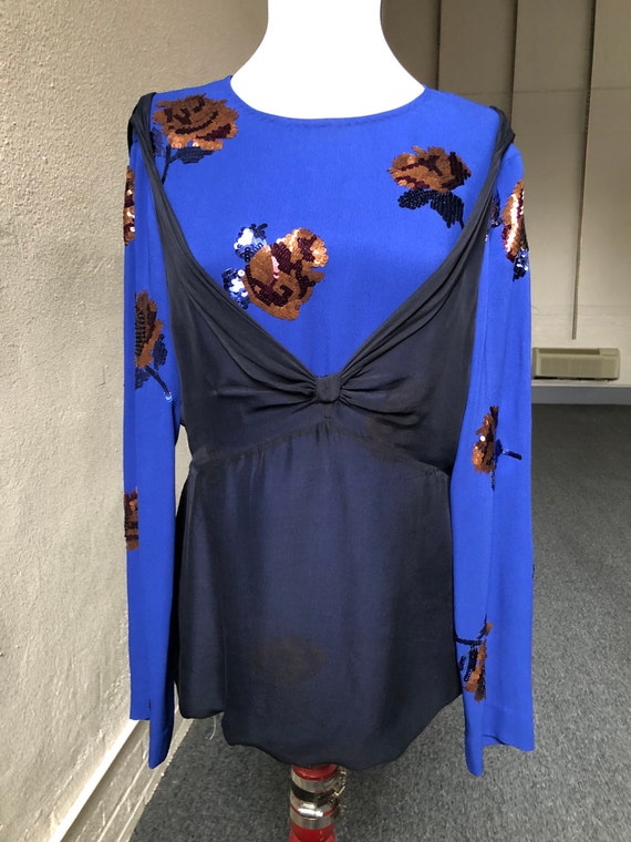 Dries Van Noten Blue Floral Sequined Blouse Under… - image 4