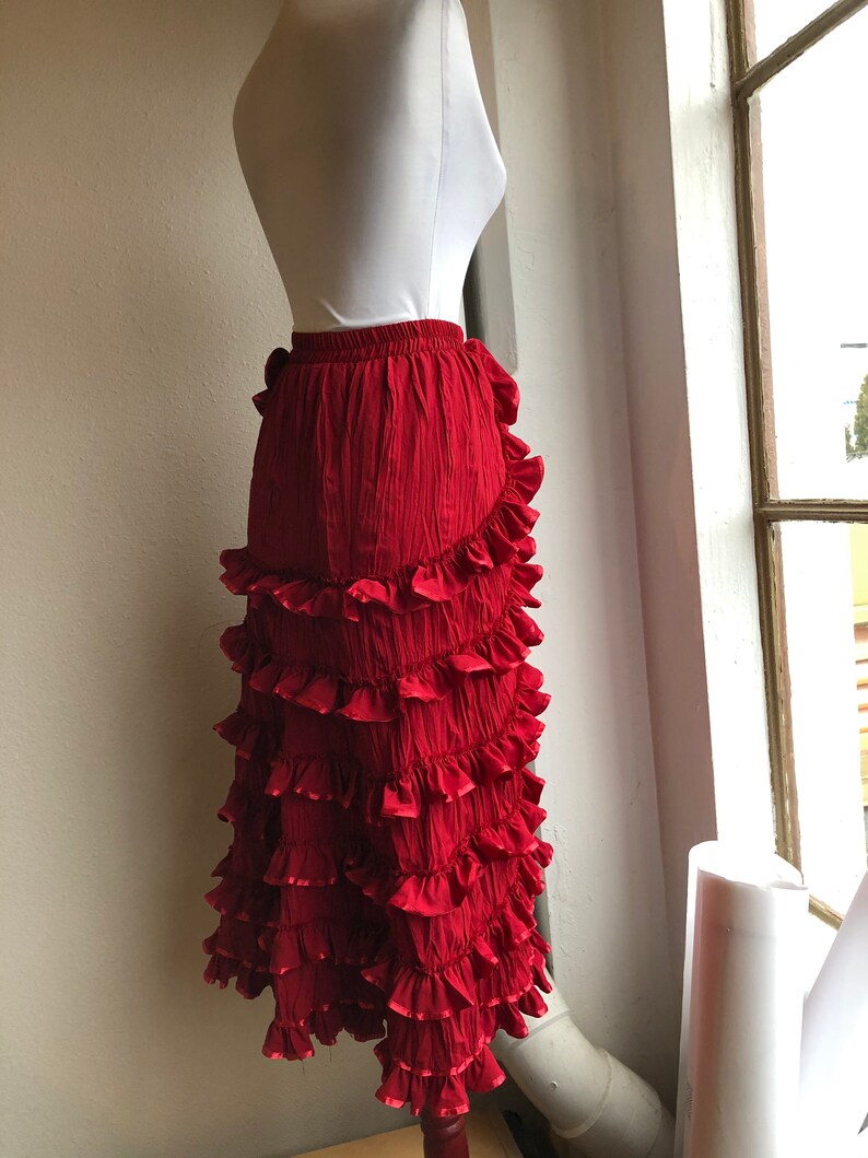 90s Dark Red Ruffled Layered Frilly Burlesque Skirt Flamenco Salsa Dance Womens Vintage 1990s Goth Steampunk Size S XS Ruffle Tango Bohemian