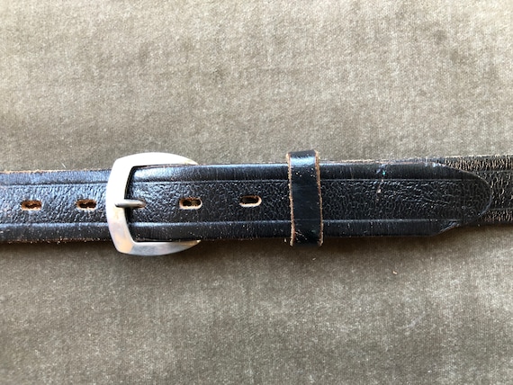 50s 60s Skinny Retro Black Leather Belt Steel Sil… - image 2