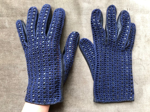 Midnight Blue Leather Woven Crochet Lacy Wrist Gl… - image 1